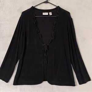 Chico’s Travelers Open Front Cardigan Black Ruffle Trim String Tie Womens L (2)